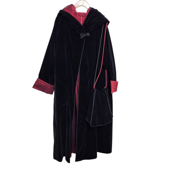 Vtg Plus Size Set 1X Reversible Velvet Coat Hooded Black Red Matching Purse - Picture 7 of 14